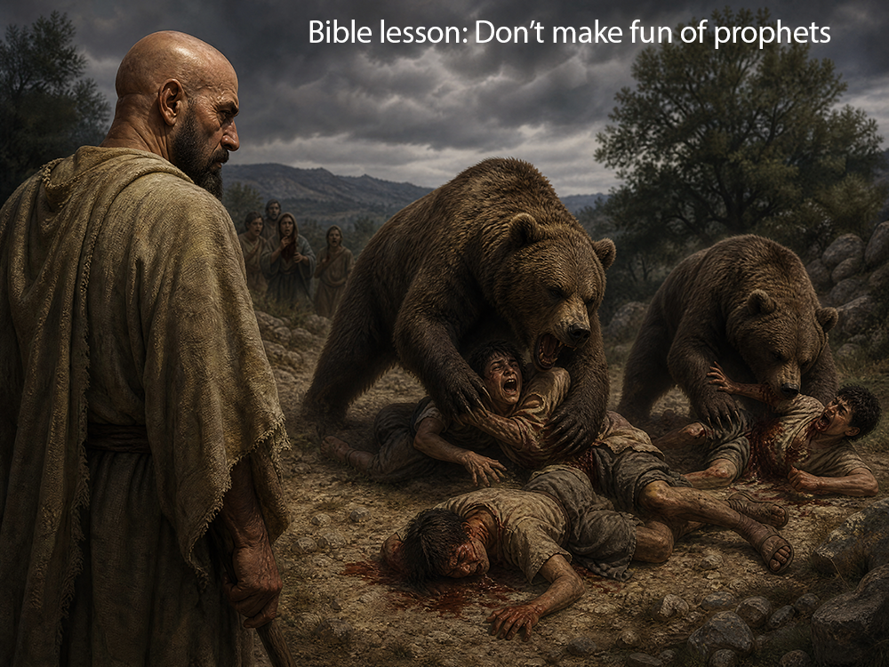 YHWH sends two bears to kill teen boys for making fun of elisha's bald spot