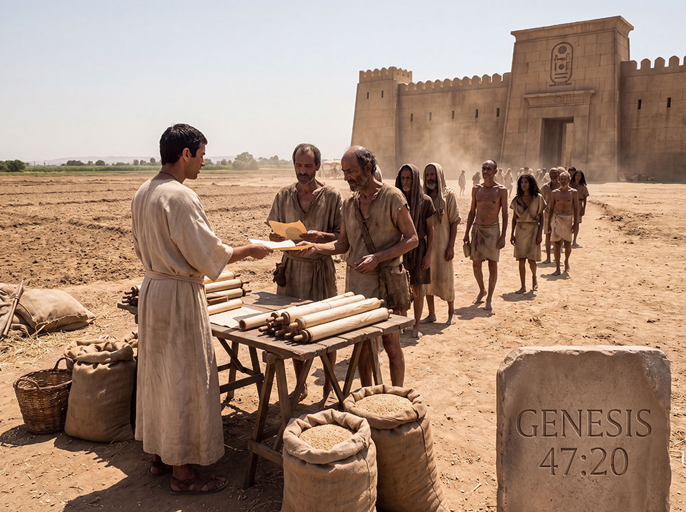 After seven years of famine, Joseph Enslaves The Egyptians